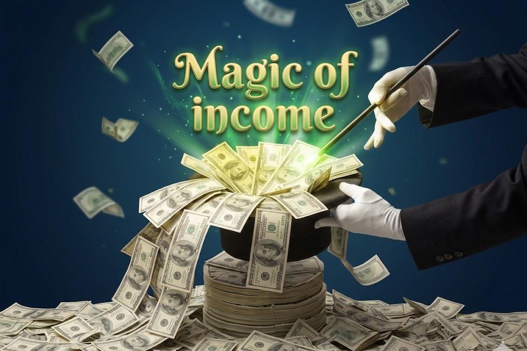 Magician's hat with money emerging in green magical energy